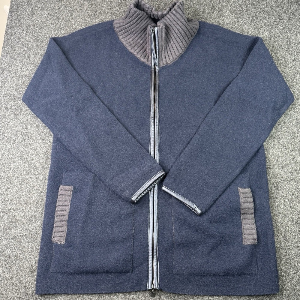 Lysse New York Womens S/M Navy Wool Blend Full Zip Jacket Faux Leather Trim